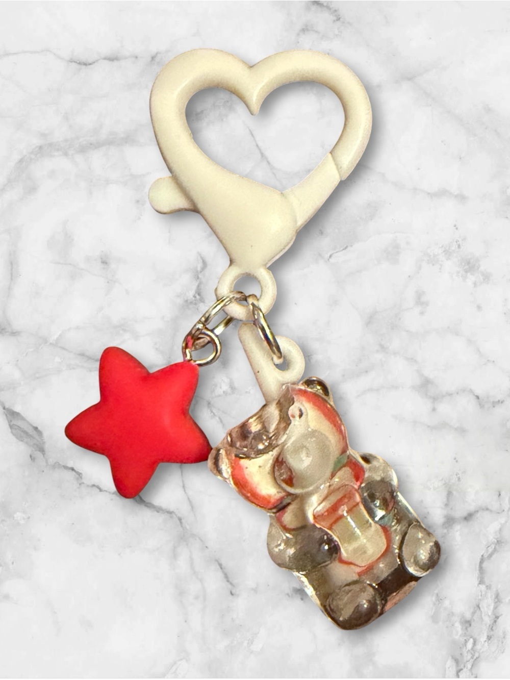 Heart Clasp Keychain with Red Star and Gummy Bear Charm - Unbranded